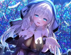 1girl bare_shoulders blue_eyes blush breast_curtains breasts church cleavage cross feathers garter_straps hand_on_own_chest indoors large_breasts leaning_forward long_hair looking_at_viewer navy_(navy.blue) nun open_mouth original reaching reaching_towards_viewer solo stained_glass white_hair