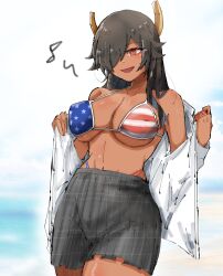:d american_flag_bikini closed_mouth collared_shirt dragon_musume_ni_naritakunai! duel_masters kirazeus_savark large_breasts off_shoulder open_shirt pleated_skirt sava_k_zeos school_uniform smile uniform