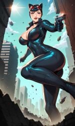 1girls 4k ai_generated aiming_at_viewer batman_(series) black_bodysuit black_hair bodysuit catwoman choker cleavage curvy dc_comics female female_only goggles goggles_on_head gun her_brother_drives_a_subaru high_quality huge_breasts lipstick makeup pistol self_upload selina_kyle skin_tight solo stable_diffusion tight_clothing weapon