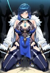 1girl ai_generated animal_collar arms_behind_back bangs bare_shoulders black_pants blue_dress blue_hair blush bob_cut breasts cleavage cleavage_cutout clothing clothing_cutout collar diagonal_bangs dice dress earrings female full_body fur-trimmed_jacket fur_trim genshin_impact gloves green_eyes high_heels hip_vent holding_leash jacket jacket_on_shoulders jewelry kneeling large_breasts leash looking_at_viewer male mole mole_on_breast multicolored_hair multiple_boys neck_ring neck_tassel novart01 pants parted_lips pelvic_curtain pet_play pussy_juice pussy_juice_drip_through_clothes pussy_juice_puddle pussy_juice_stain pussy_juice_trail short_hair skindentation sleeveless solo_focus sweat tassel thigh_cutout thighs tight_clothes tight_pants two-tone_hair white_jacket yelan_(genshin_impact)