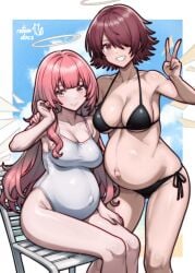 2girls alternate_breast_size angel arknights artist_name commission energy_wings exusiai_(arknights) halo large_breasts lemuen_(arknights) long_hair looking_at_viewer one_piece_swimsuit orange_eyes pink_hair pregnant red_hair rotomdocs short_hair sisters sky smiling smiling_at_viewer swimsuit white_border wings