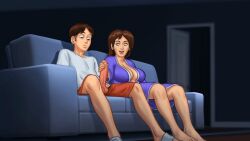 1boy 1boy1girl 1girls 2d_(artwork) animated animated_gif balls brown_hair clothed clothing couch darkcookie debbie_(summertime_saga) digital_drawing_(artwork) digital_media_(artwork) erect_penis erection gif handjob jerking jerkingoff light-skinned_female light_skin looking_at_penis looking_down loop looping_animation main_character_(summertime_saga) masturbating masturbation milf on_couch penis penis_out robe stroking stroking_cock stroking_penis summertime_saga surprised surprised_expression thick_thighs