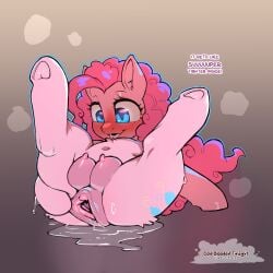 bodily_fluids cold-blooded-twilight english_text equid equine eyelashes female feral friendship_is_magic fur genital_fluids genitals hasbro hi_res mammal my_little_pony nipples pink_body pinkie_pie_(mlp) pupils quadruped smile solo spread_vulva spreading tail text vaginal_fluids vulva