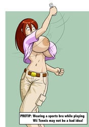 axel-rosered belt breasts clothes color english_text female female_only hair holding huge_breasts human looking_down motion_lines nipples oc open_eyes original_character pants round_ears shirt shirt_lift solo standing text wii wiimote