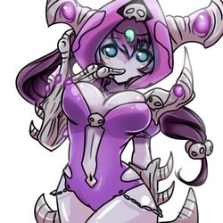 armor artist_request blue_eyes breasts curvy dark_elf dragon_nest elf female female_only hair_ornament large_breasts leotard long_hair low-tied_long_hair navel perky_breasts purple_hair skull skull_hair_ornament solo spikes teleju very_long_hair