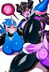 airachnid airachnid_(prime) arcee arcee_(prime) clenched_teeth futa_only half-closed_eyes holding_leg_up holding_own_thigh huge_breasts leg_lift novelai on_side ovulation rolling_eyes thick_thighs tongue_out transformers_prime