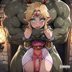 2boys ahegao ai_generated anal anal_sex artist_name ass balls_deep blonde_hair blush cosplay crossdressing crown dark-skinned_male detailed_background disguise drooling dungeon erection femboy fjordguten ganondorf green_eyes handcuffs highres huge_male hylian hyper_muscle indoor large_ass link link_(ocarina_of_time) muscular_male open_mouth penetration pink_dress pointy_ears princess prisoner restrained shiny_skin sissy size_difference standing_sex stone_walls submissive_male sweat sweaty the_legend_of_zelda thick_thighs tongue_out trap wet_skin white_dress wide_hips