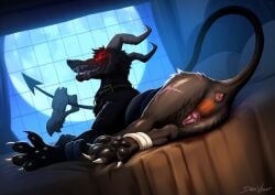 2026 bed blood bodily_fluids butt dark_violet digital_drawing_(artwork) digital_media_(artwork) feet female feral fur furniture generation_2_pokemon genitals hi_res horn houndoom inside looking_at_viewer moon nintendo paws pokemon pokemon_(species) rear_view solo tail teeth toes tongue vulva window