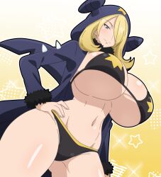 1girls big_breasts bikini blonde_hair breasts_bigger_than_head cosplay cynthia_(pokemon) game_freak garchomp_(cosplay) hitokiwa_kenchin light-skinned_female light_skin nintendo pokemon pokemon_(cosplay) pokemon_dppt