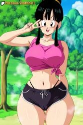 1girls ai_generated ass ass_focus black_hair breasts cameltoe cheating cheating_wife chichi curvy curvy_figure dolphin_shorts dragon dragon_ball dragon_ball_z glasses grin huge_ass huge_breasts long_hair mature_female mother netorare ntr outdoors shorts smile thong topwear zadbhell