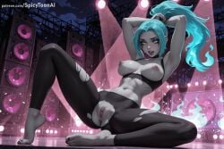 1girl ai_generated aqua_eyes aqua_hair armpits breasts danny_phantom ember_mclain hi_res high_quality high_resolution looking_at_viewer navel nipples open_mouth patreon ponytail pussy seductive sexy solo spicytoonai spread_legs tongue torn_clothes torn_legwear uncensored watermark