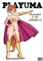 1girls barcode bikini boots cape cover crown earrings elbow_gloves female gloves hand_on_hip hand_up heel_boots heels high_heel_boots horse_ears horse_girl horse_tail horseshoe nahusmash orange_hair purple_eyes short_hair solo solo_female star t.m._opera_o_(umamusume) tail umamusume yellow_bikini