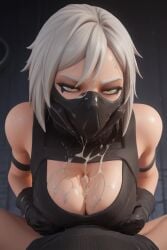 3d ai_generated annoyed annoyed_expression cleavage cum cum_on_breasts cum_on_mask fortnite hush_(fortnite) looking_annoyed looking_at_viewer mask masked_female medium_breasts on_knees paizuri paizuri_under_clothes pov_male shindhas