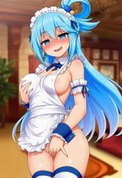ai_generated aqua_(konosuba) blue_eyes blue_hair blush breasts breasts_out earrings empty_eyes female_masturbation female_only fingering goddess hypnosis indoors kono_subarashii_sekai_ni_shukufuku_wo! lingerie long_hair long_hair_female maid maid_apron maid_headdress maid_outfit maid_uniform masturbation mind_control pussy_juice standing_masturbation timebreaker_(generator) touching_breast touching_pussy touching_self