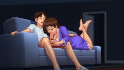 1boy 1boy1girl 1girls 2d_(artwork) balls blowjob brown_hair closed_eyes clothed clothing couch darkcookie debbie_(summertime_saga) digital_drawing_(artwork) digital_media_(artwork) erect_penis erection fellatio laying_down laying_on_stomach light-skinned_female light_skin looking_at_partner looking_pleasured main_character_(summertime_saga) milf on_couch on_stomach oral oral_sex penis penis_out pleasure_face robe smile smiling still_image sucking sucking_penis summertime_saga thick_thighs
