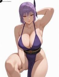 1girl 1girls ai_generated arm_behind_head armpit_crease armpits ayane_(doa) bangs bare_shoulders breasts cleavage closed_mouth collarbone dead_or_alive hair_ornament hi_res high_quality high_resolution highres large_breasts light light_smile lips looking_at_viewer ninja nose opal_nemy patreon_logo patreon_url patreon_username pelvic_curtain plain_background purple_hair red_eyes self_upload shadow shiny shiny_clothes shiny_hair shiny_skin short_hair simple_background solo standing thick_thighs thighs watermark white_background