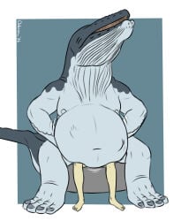 2026 anal anal_vore anthro anthro_pred aquatic ardi_(darthardios) baleen baleen_whale belly big_belly blue_background border cetacean dolorcin duo eyes_closed head_first hi_res human human_prey humpback_whale male male/male male_pred mammal nude simple_background tan_legs vore whale white_arms white_belly white_body white_border white_legs