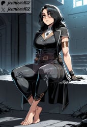 1girl ai_generated arm_strap armband armlet artist_name barefoot belt belt_pouch black_coat black_gloves black_hair black_pants breasts brown_belt clothing coat english_text eyes_visible_through_hair feet female full_body gloves jacket jennieart02 jewelry large_breasts legs long_hair looking_at_viewer lune medium_hair muscular muscular_female necklace open_clothes open_coat open_jacket pants parted_lips patreon patreon_logo patreon_username pendant pouch shirt sitting solo stairs stone_floor sweat thick_thighs thigh_strap thighs toenails toes twitter twitter_username watermark