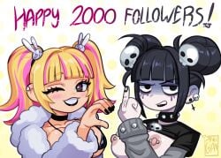 2girls black_hair blonde_hair blunt_bangs fur_coat goth goth_girl gyaru gyaru_gal heart_hands heart_hands_duo heart_hands_failure judith_morrow judith_morrow_(pink-chan) middle_finger milestone_celebration natalie_rose nipple_piercings ocs original original_characters pierced_nipples pink-chan pink_highlights