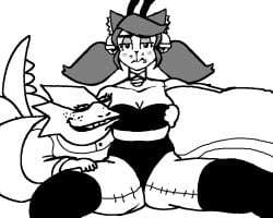 2girls alphys annoyed annoyed_expression big_ass blush bunnysuit cat_ears cat_tail catgirl drfreake drgravyjones mad_mew_mew mildly_annoyed monochrome smile smiling trans_woman transfem undertale