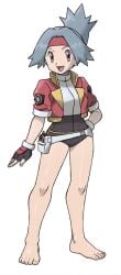 1girls :d arm_behind_back bare_legs barefoot belt birilillo black_gloves black_leotard clothing cropped_jacket eyelashes feet female fingerless_gloves full_body gloves grey_hair hand_on_own_hip happy headband jacket knees legs leotard looking_at_viewer open_clothes open_jacket open_mouth pokemon pokemon_ranger ponytail red_eyes red_headband red_jacket shiny_skin shirt short_sleeves simple_background smile solana_(pokemon) solo standing toenails toes tongue transparent_background white_background white_shirt