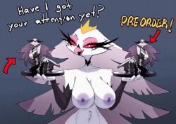 1girl animal_ears animal_nose animated arrow_(symbol) black_bra black_choker black_gloves black_sclera black_sleeves black_thighhighs blue_background body_fur bouncing_breasts bra breasts choker cleavage clothing collarbone colored_sclera coolerinker crown detached_sleeves elbow_gloves english_language english_text eyeshadow female figure furry furry_female gif gloves gradient_background half-closed_eyes hands_up happy headwear helluva_boss holding holding_sex_toy holding_tray inker_comics inkershike large_breasts long_hair looking_at_viewer makeup mini_person miniboy multiple_views nipples nude open_mouth pink_eyeshadow purple_eyeshadow red_eyes red_sclera sex_toy simple_background smile solo stella_(helluva_boss) talking text thighhighs tongue tongue_out tray two-tone_fur underwear upper_body very_long_hair white_fur wings