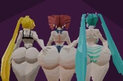 3d 3girls akita_neru aqua_hair ass_focus back bikini black_bikini blonde_hair drill_hair fanloid from_behind hands_on_another's_ass hatsune_miku headphones huge_ass kasane_teto low_poly mattguy17 ponytail purple_background red_bikini red_hair simple_background striped_bikini thick_thighs thighs twin_drills twintails utau vocaloid