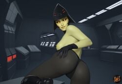 ai_generated back_view black_sclera elledoesai grabbing_own_ass looking_at_viewer mirialan one_leg_up self_upload seventh_sister showing_ass sideboob smug star_wars subtle_smile wearing_helmet yellow_eyes yellow_skin