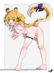 1girl absurdres animal_ears anus ass barefoot black_nails blonde_hair boppin breasts cleft_of_venus commentary english_commentary full_body green_eyes highres innie_pussy ju_fufu long_hair looking_at_viewer nipples nude open_mouth paid_reward_available pussy small_breasts solo tail tail_ornament thigh_strap tiger_ears tiger_girl tiger_tail uncensored zenless_zone_zero