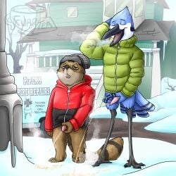 anthro avian beak beanie bird blue_body blue_jay bodily_fluids brown_body building cartoon_network clothing coat corvid furrtea genital_fluids genitals hat headgear headwear holding_own_penis holding_penis house jay_(bird) looking_relieved male male_peeing mammal mordecai_(regular_show) new_world_jay oscine passerine peeing peeing_in_snow peeing_on_ground peeing_outside peeing_together penis pink_penis plant procyonid raccoon regular_show rigby_(regular_show) snow tail tapering_penis topwear tree urine urine_on_ground urine_stream watersports winter
