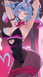 armpits arms_behind_head arms_up big_breasts blue_hair boobs bow bowtie breasts bunny_ears bunny_girl bunny_tail bunnysuit fishnet_legwear fishnets hatsune_miku heart-shaped_pupils hirosenpai legwear object_between_breasts panties pink_hair pink_shadow pole pupils_heart rabbit_ears rabbit_girl rabbit_hole_(vocaloid) rabbit_tail ribbon_bondage smile smiling smiling_at_viewer smirk