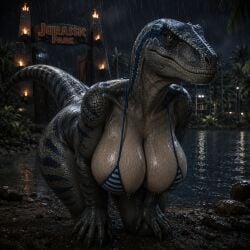 ai_generated claws dinosaur jurassic_park_(franchise) jurassic_world jurassic_world_dominion large_breasts scalie scalie_female velociraptor
