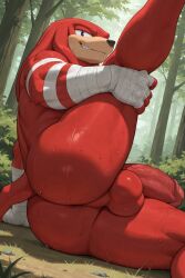 1boy ai_generated anthro ass ass_grab balls bandages big_penis echidna erection furry furry_male furry_only genitals hand_on_ass humanoid_genitalia humanoid_penis knuckles_the_echidna large_penis leg_up looking_at_viewer male male_only mammal mature mature_male muscles muscular muscular_male outdoors penis red_fur sega smile solo solo_focus solo_male sonic_(series) sonic_the_hedgehog_(series) tail testicles trees white_bandages