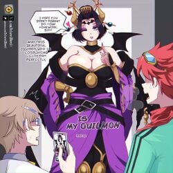<3 1boy 2026 2girls bandai_namco big_breasts black_hair blue_eyes blush brown_hair cleavage dclaret demon_girl demon_horns demon_wings dialogue digimon digimon_story digimon_story:_time_stranger english_text female forehead_mark goggles_on_head hair_ornament hand_on_hip hi_res horns lilithmon looking_at_viewer male meme_reference pointy_ears purple_eyeshadow purple_lipstick purple_nail_polish red_hair seven_great_demon_lords speech_bubble wings wink yuuki_dan