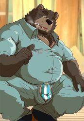 2026 5_fingers anthro bear beard belly biped black_body black_fur bodily_fluids bottomwear bulge clothing facial_hair fingers fur genital_fluids hi_res kemono male mammal moobs musclegut muscular overweight overweight_male pants precum raichoclub shirt smoking solo topwear underwear