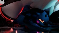 3d_(artwork) absurd_res anal anal_penetration anthro anthro_on_anthro bat blender_(artwork) blush clothing dark digital_media_(artwork) dominant dragon duo fin genitals glowing glowing_genitalia glowing_penis hi_res horn legwear male male/male mammal mythological_creature mythological_scalie mythology penetration penis pinned scalie size_difference soroka_play stockings