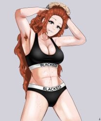 1girl ai_assisted ai_generated armpit_hair arms_up blacked blacked_clothing breasts cleavage disney edit freckled_body freckles gh gravity_falls grok hands_on_head hat large_breasts long_hair looking_at_viewer orange_hair panties smile solo sports_bra toned toned_female wendy_corduroy