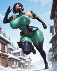 1girl 2d ai_generated anime_style arms_up belt black_bodysuit black_hair bodysuit cleavage curvy detailed_eyes detailed_face face_mask gloves green_bodysuit green_eyes grippyai high_quality huge_breasts large_ass latex_bodysuit looking_at_viewer pose shiny_skin short_hair solo standing tactical_gear thick_thighs tight_clothes