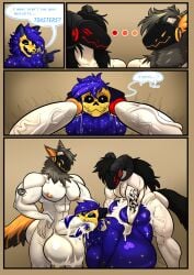 absurd_res anthro belly big_belly big_butt big_muscles big_pecs bodily_fluids butt comic cum cum_in_ass cum_in_mouth cum_inflation cum_inside dialogue fellatio femboy genital_fluids genitals group heart_eyes heart_symbol heikidraws hi_res huge_belly hyper hyper_belly hyper_genitalia inflation long_tongue machine male male/male muscular nipples oral pecs penile protogen sex skulldog_(species) spitroast tongue trio