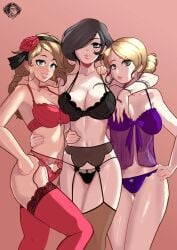 3girls agnea_bristarni ass big_ass big_breasts blonde_hair breasts breasts_outside brown_hair castti_florenz exposed_chest female lingerie lingerie_only multiple_girls nipples nude nude_female octopath_traveler octopath_traveler_2 shini_alonzo snake snake_tattoo square_enix tagme tattoo_on_arm tattooed_arm thigh_gap thighs throne_(octopath_traveler_2) throne_anguis