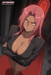 1girls ai_generated angry angry_expression artoonizer ass big_ass big_breasts breasts crossed_arms dark-skinned_female dark_skin female ingrid_(taimanin_asagi) jacket long_hair looking_at_viewer narrow_waist patreon patreon_username pink_hair plunging_neckline posing purple_lips purple_lipstick shiny_skin skirt solo solo_female solo_focus standing taimanin_(series) taimanin_asagi thick_thighs tight_clothing viewed_from_above wide_hips yellow_eyes