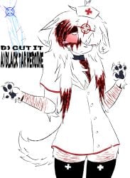 absurd_res ambiguous_gender anthro black_pawpads blood blood_on_face bloodshot_eyes blush blush_lines bodily_fluids chest_tuft clothing collar crosshair drug_usage drugs emo_haircut felid feline floppy_ears gunshot_wound hair headgear headwear hi_res lazy_eye legwear long_hair mammal nurse nurse_clothing nurse_headwear nurse_uniform pawpads preychan real_feral scar self-harm self-harm_scars shock_collar short_tail slit_wrist solo stoned substance_intoxication tail text thigh_highs tuft uniform vein white_clothing