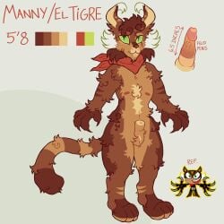 animal_genitalia anthro claws ear_tuft el_tigre fangs felid feline_genitalia fluffy genitals green_eyes hankerchief hi_res long_tail male mammal manny_rivera model_sheet neck_tuft nickelodeon pantherine penis reference_image scar sheath solo stripes tail teeth theredlace tiger tuft