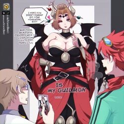 <3 1boy 2026 2girls alternate_color bandai_namco big_breasts blush brown_hair cleavage dclaret demon_girl demon_horns demon_wings dialogue digimon digimon_story digimon_story:_time_stranger english_text eyeshadow female forehead_mark goggles_on_head green_eyes hair_ornament hand_on_hip hi_res horns lilithmon looking_at_viewer male meme_reference pointy_ears red_hair seven_great_demon_lords speech_bubble wings wink yuuki_dan