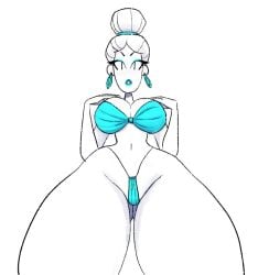 bra breasts cleavage earrings hands_on_breasts large_breasts looking_at_viewer makeup navel original original_character panties slim_waist tagme thick_thighs tied_hair underwear vanillasketchy viewed_from_below voluptuous white_background white_body white_hair wide_hips