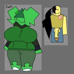 1boy 1boy1girl 1girl blocky_body boobs breasts cock corrupted corruption dick ferman ferwoman_(ferman_404) forsaken_(roblox) green_body green_clothing green_hair green_skin hair hair_tie impending_sex john_doe_(forsaken) nervous nervous_face nervous_smile nervous_sweat oc penis roblox roblox_game robloxian self_insert sex sex_from_behind shoes smiling smiling_at_partner sweat sweatdrop sweater sweating thick vein veins veiny_penis voluptuous voluptuous_female yellow_body yellow_skin