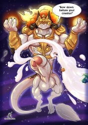 armor aurelion_sol_(lol) balls chemicalkirin claws cosmic_background dragon ejaculation erection fire galaxy genitals glowing gold_(metal) hi_res horn hyper league_of_legends macro male muscular mythological_creature mythological_scalie mythology penis planet riot_games scalie semi-transparent solo space speech_bubble star sun tencent