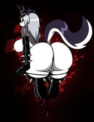 absurd_res anthro areola big_butt biped black_clothing breasts butt canid canid_demon canine clothed clothing demon female genitals hat headgear headwear hellaverse hellhound helluva_boss hi_res huge_butt legwear loona_(helluva_boss) mammal mythological_canine mythological_creature mythology nipples panties panties_down partially_clothed pupils red_sclera solo tail thigh_highs underwear underwear_down vulva white_body zombieray10