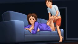 1boy 1boy1girl 1girls 2d_(artwork) animated_gif balls barefoot big_breasts biting_lip blush blushing breasts brown_hair cleavage closed_eyes clothed clothing couch darkcookie debbie_(summertime_saga) digital_drawing_(artwork) digital_media_(artwork) erect_penis erection feet feet_up foot_fetish footjob gif laying_down laying_on_stomach light-skinned_female light_skin looking_pleasured loop looping_animation main_character_(summertime_saga) milf on_couch on_stomach penis penis_out pleasure_face robe shorts shorts_down soles stroking stroking_cock stroking_penis summertime_saga thick_thighs