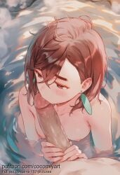 1boy 1girl 2026 ai_generated ayase_momo bathing blush breasts brown_hair cocomiyart collarbone completely_nude crossed_bangs dandadan earrings erection fellatio hair_between_eyes hetero highres jewelry kissing_penis large_penis medium_hair mixed-sex_bathing nipples nsfw nude onsen oral partially_submerged penis penis_grab pov red_eyes saliva shared_bathing small_breasts solo_focus thick_eyebrows uncensored water wet wet_hair